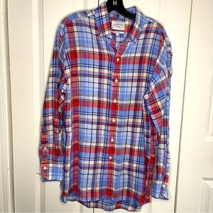 Ledbury Fine Shirting 100% Linen Plaid Size XL Red Blue Long Sleeve Button Up